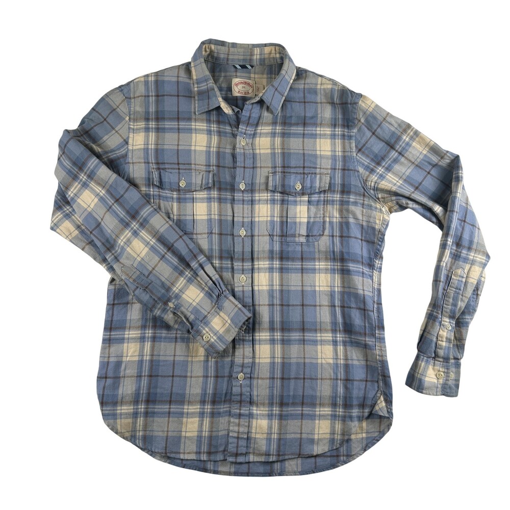 Brooks Brothers Shirt Mens Medium Blue Beige Plaid Button Front Cotton Casual